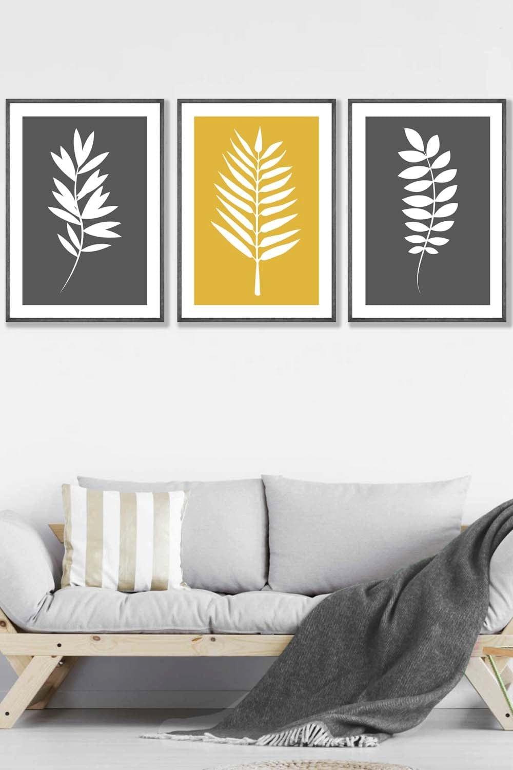 Grey Yellow Graphical Leaves Framed Wall Art - Large